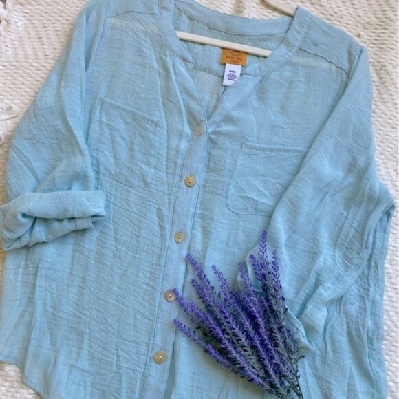 Ruby Rd Petite XL Light Blue Button-Down Blouse W/ Roll-Tab Sleeves - Picture 8 of 8